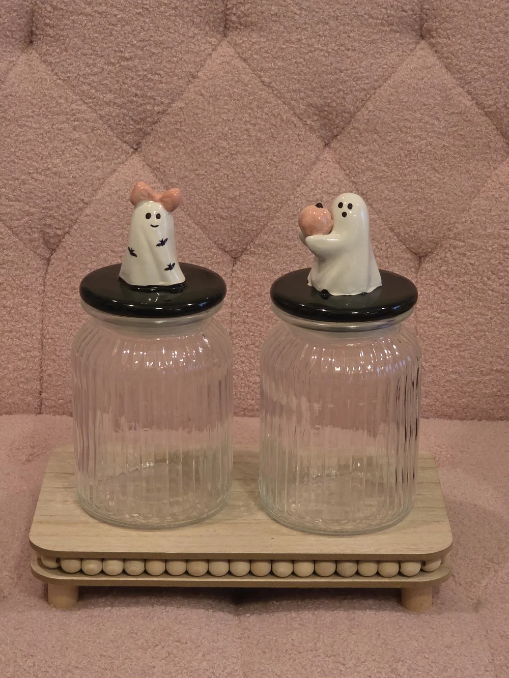 Whimsical Ghost Ceramic Lid Glass Jar Set in Pink and Black